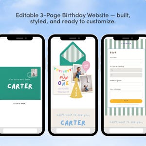May include: Three smartphones displaying a birthday website interface. The screens show a welcome message, invitation details with photos, and an RSVP form. The website is designed with a teal, yellow, and white color scheme, and includes the text "CARTER".