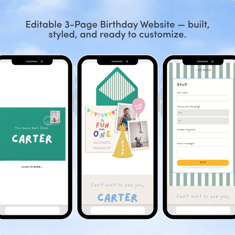 May include: Three smartphones displaying a birthday website interface. The screens show a welcome message, invitation details with photos, and an RSVP form. The website is designed with a teal, yellow, and white color scheme, and includes the text "CARTER".