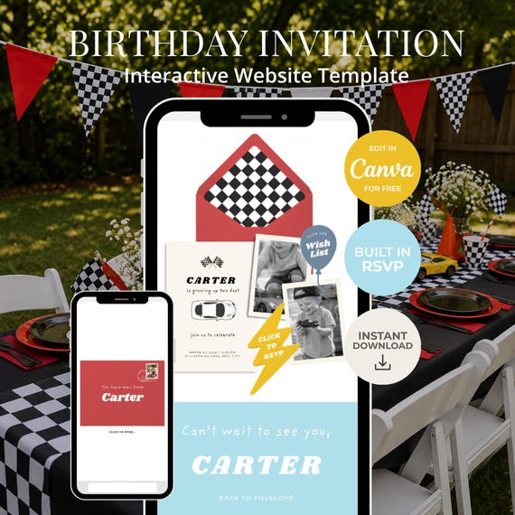 Race Car Birthday Website Template | Editable Canva Download