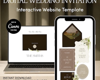 Plantilla para sitio web de bodas festoneadas en marrón y crema / Descarga editable en Canva
