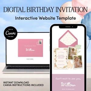 Może przedstawiać: Cyfrowy szablon zaproszenia urodzinowego z tekstem "DIGITAL BIRTHDAY INVITATION" i "Interactive Website Template". Zaproszenie jest wyświetlane na laptopie i smartfonie. Ekran laptopa pokazuje różową kopertę z imieniem "Willow".