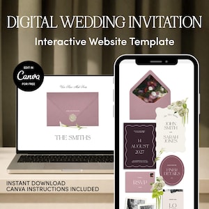 Puede incluir: Una plantilla digital de invitación de boda que se muestra en una computadora portátil y un teléfono inteligente. La pantalla de la computadora portátil muestra un diseño de sobre malva con un sello de cera. El teléfono inteligente muestra varios elementos de invitación, incluida la fecha, RSVP y detalles florales.