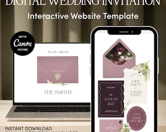 Plantilla para sitio web de bodas festoneadas en rosa empolvado y burdeos / Descarga editable de Canva