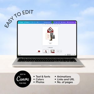 May include: A laptop displays an invitation design with a red envelope and images. The screen shows the text "EASY TO EDIT" and a Canva logo with the words "EDIT IN Canva FOR FREE". The design includes text, colors, photos, animations, links, and page numbers.
