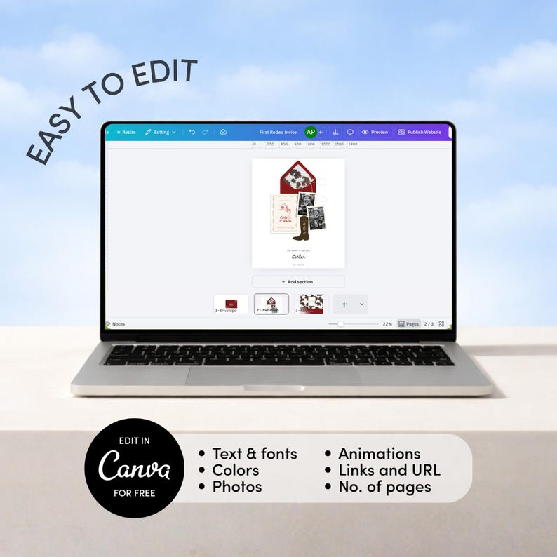May include: A laptop displays an invitation design with a red envelope and images. The screen shows the text "EASY TO EDIT" and a Canva logo with the words "EDIT IN Canva FOR FREE". The design includes text, colors, photos, animations, links, and page numbers.