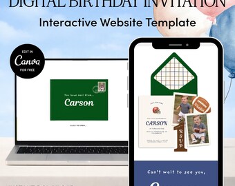 Plantilla de sitio web para cumpleaños del primer año de vida de Down / Descarga editable en Canva