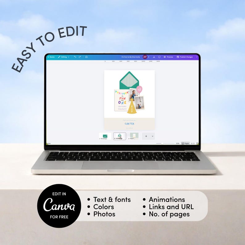 May include: A laptop displays a birthday invitation design with the text "FUN ONE." The design includes photos, a banner, and an envelope graphic. The laptop screen shows editing options. The Canva logo is visible, with text indicating free editing.