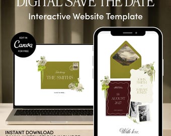 Plantilla para sitio web de bodas con diseño festoneado chartreuse y borgoña (Guarda la fecha) / Descarga editable en Canva