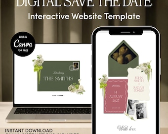Plantilla para sitio web de bodas con diseño festoneado en verde oliva, burdeos y rosa (disponible en Canva)