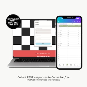 Może przedstawiać: Laptop wyświetlający czarno-biały formularz RSVP w szachownicę z jasnoniebieskim przyciskiem oraz smartfon pokazujący arkusz kalkulacyjny z odpowiedziami gości. Czarna okrągła odznaka zawiera napis CANVA RSVP FORM &ndash; BUILT INTO YOUR SITE.