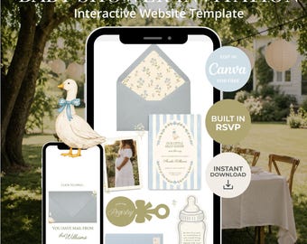 Może przedstawiać: Interaktywny szablon strony internetowej z zaproszeniami na baby shower, zawierający ilustrację gęsi, niebieską papeterię w paski, kopertę z kwiatową wyściółką, grafikę butelki dla niemowląt oraz przyciski do listy prezentów i RSVP.