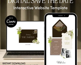 Plantilla para sitio web de bodas con diseño festoneado marrón y crema (Guarda la fecha) / Descarga editable en Canva