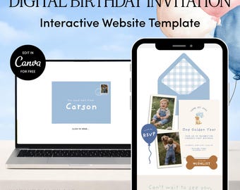 Plantilla web para cumpleaños de Año Dorado / Descarga editable en Canva