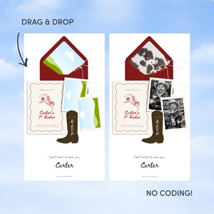 May include: Two invitation designs with a rodeo theme. Each design features a red envelope, a cowboy boot graphic, and the text "Carter's 1st Rodeo." One design includes photos of a child in a cowboy hat. The text "Drag & Drop" and "No Coding!" are also visible.