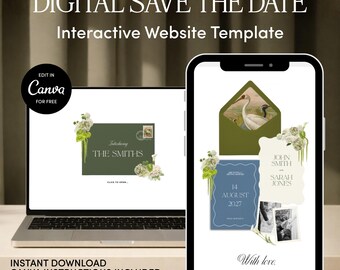 Plantilla para sitio web de bodas con diseño festoneado en verde oliva y azul polvoriento (disponible para guardar la fecha) / Descarga editable en Canva