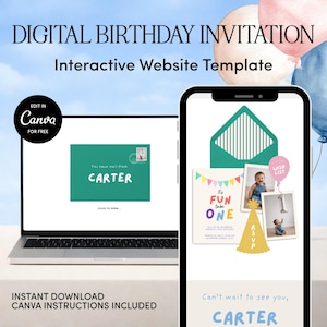 May include: Digital birthday invitation template with the text "DIGITAL BIRTHDAY INVITATION" and "Interactive Website Template". The invitation is displayed on a laptop and a smartphone. The text "EDIT IN Canva FOR FREE" is also visible.