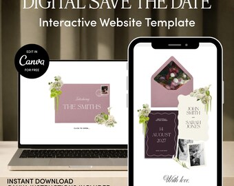 Plantilla para sitio web de bodas con diseño festoneado en rosa empolvado y burdeos (disponible para descargar en Canva)
