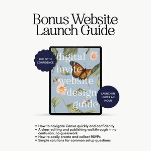 May include: A digital invite and website design guide displayed on a tablet. The tablet screen features a butterfly, flowers, and text. The image includes the text "Bonus Website Launch Guide" and bullet points about Canva and RSVPs.