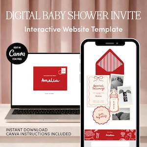 May include: A digital baby shower invite template shown on a laptop and smartphone. The design uses a red and white colour scheme with the text "DIGITAL BABY SHOWER INVITE" and "Interactive Website Template". The laptop screen displays a red envelope design with the name "Amelia".