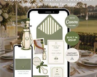 Może przedstawiać: Cyfrowy szablon strony internetowej z zaproszeniem na baby shower o tematyce golfowej, zawierający ilustracje torby golfowej, kijów i koperty. Projekt zawiera tekst, taki jak Baby Shower Invitation, New to the Club, Registry i R.S.V.P. na ekranie.