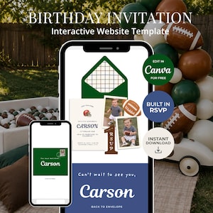 May include: A digital birthday invitation interactive website template displayed on two smartphones. The design features a football theme with an envelope, photos of a child, and text including Carson, Birthday Invitation, and Built in RSVP.