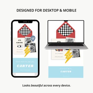Może przedstawiać: Smartfon i laptop wyświetlają cyfrowe zaproszenie z czerwoną kopertą, wzorem w szachownicę i zdjęciami dziecka. Tekst zawiera napisy DESIGNED FOR DESKTOP & MOBILE, CARTER, WISH LIST, CLICK TO RSVP oraz Looks beautiful across every device.