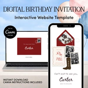 May include: Digital birthday invitation template with a red envelope design and cowboy theme. The invitation is displayed on a laptop and a smartphone, with the text "Carter" and "Can't wait to see you, Carter". Includes Canva instructions.