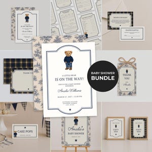 May include: A baby shower stationery bundle featuring a teddy bear illustration wearing a navy sweater and jeans. The set includes invitations, thank you tags, diaper raffle cards, and party signs with navy blue borders and plaid patterns.