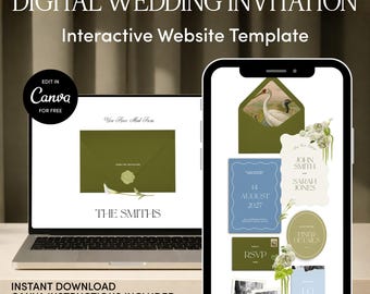Plantilla para sitio web de bodas festoneada en verde oliva y azul polvoriento / Descarga editable en Canva