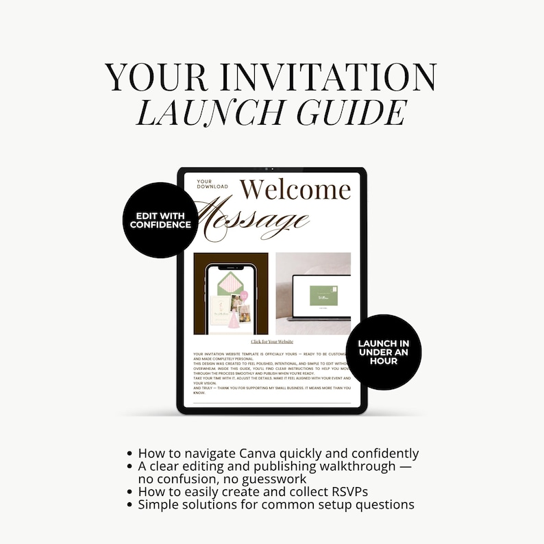 Może przedstawiać: Cyfrowy przewodnik zatytułowany YOUR INVITATION LAUNCH GUIDE przedstawiający tablet z wiadomością powitalną, dwa czarne koła z tekstem EDIT WITH CONFIDENCE i LAUNCH IN UNDER AN HOUR oraz listę czterech punkt&oacute;w instruktażowych.