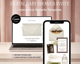 Plantilla para sitio web de baby shower con temática de rancho estilo western / Descarga editable en Canva