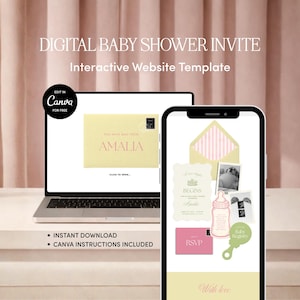 Könnte beinhalten: Ein Laptop und ein Smartphone mit einer digitalen Babyparty-Einladungsvorlage. Der Bildschirm zeigt einen gelben Umschlag mit der Aufschrift AMALIA, ein rosa Babyfläschchen, eine RSVP-Karte, ein Baby-Registry-Symbol und den Text A NEW CHAPTER BEGINS.