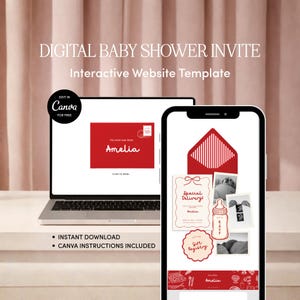 Może przedstawiać: Interaktywny szablon strony internetowej z cyfrowym zaproszeniem na baby shower wyświetlany na laptopie i smartfonie. Ekran zawiera czerwono-białą grafikę, w tym kopertę, butelkę dla niemowląt oraz tekst "Special Delivery" i "Amelia".