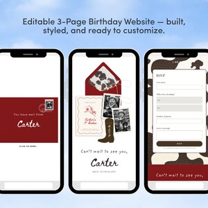 May include: Three smartphone screens displaying a customizable birthday website. The website features a cowboy theme with a red and white color scheme, including invitations and an RSVP form. Text includes "Carter's 1st Rodeo."