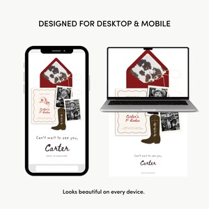 May include: A digital invitation design displayed on a phone and laptop. The design features a red envelope with a cowhide pattern, photos, and text that reads "Carter's 1st Rodeo." The invitation includes a brown cowboy boot graphic.
