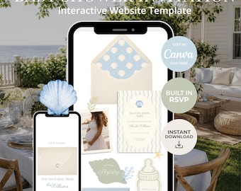 Może przedstawiać: Szablon strony internetowej z zaproszeniem na baby shower wyświetlony na dwóch smartfonach. Projekt zawiera jasnoniebieską i kremową paletę kolorów z motywami muszli, grafiką butelki dla niemowląt oraz tekstem "SEA YOU SOON, BABY" i "RSVP".
