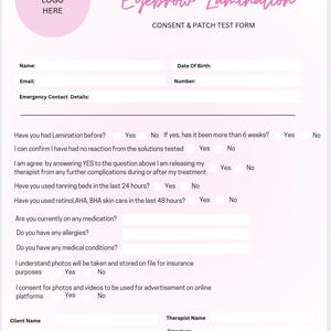 Puede incluir: Formulario de consentimiento y prueba de parche para laminación de cejas. El formulario incluye campos para nombre, correo electrónico y datos de contacto de emergencia. Pregunta sobre laminación previa, reacciones cutáneas, camas solares y medicamentos. Incluye firmas.