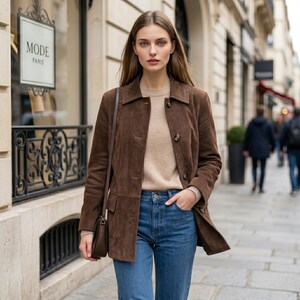 May include: A brown suede jacket with a collar and buttons, worn over a beige crew-neck jumper and blue denim jeans. A brown leather shoulder bag with a thin strap is carried on the side. The jacket features long sleeves and a structured fit.