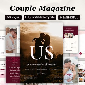 Könnte beinhalten: Eine digitale Magazinvorlage mit dem Titel Couple Magazine mit 50 Seiten. Das Cover zeigt die Silhouette eines Paares bei Sonnenuntergang mit dem Text US & every version of forever. Enthält Abschnitte für Jahrestag, Verlobung und Valentinstag.