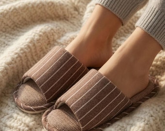 Minimalist Linen House Slippers for Women, Breathable Non Slip Indoor Slides, Cozy Neutral Home Sandals, Soft Summer Slippers