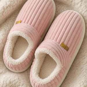 May include: A pair of light pink slippers featuring a ribbed exterior texture and a white faux-shearling interior lining. Each slipper includes a small rectangular tan label on the side with the text SHUO HOBBY LELA printed in dark brown letters.
