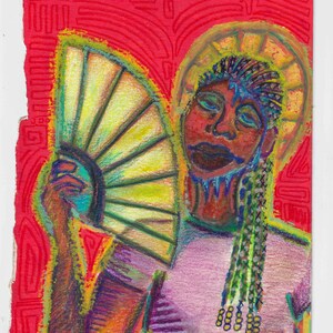 May include: A vibrant colored pencil drawing on textured paper featuring a figure with braided hair holding a yellow folding fan. The background is a bright red with intricate linear patterns, and the figure is framed by a golden circular halo.