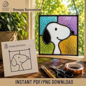 Mall för mönster av målat glas, stencil för nybörjare, mall för solfångare i målat glas, digital nedladdning PDF/PNG - Snoopy Suncatcher