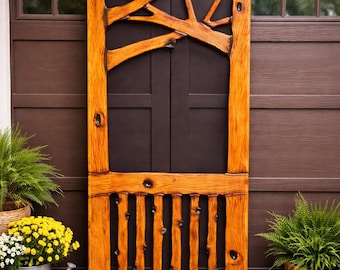 May include: A wooden screen door with a unique design. The door frame is a warm, natural wood color, with a decorative branch-like pattern at the top. The lower portion has vertical wooden slats. The text "Contact us for your design" is at the top.