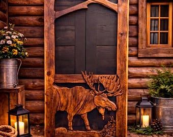 Hand Carved Moose Screen Doors | Rustic Cabin Wooden Screen Door | Wildlife Lodge Door | Custom Porch Entry Door | Farmhouse Wood Door