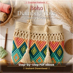 Patroon boho-tapijt gehaakte draagtas pdf | Kleurrijke markttas met diamant | Direct downloaden | Zomers haakpatroon voor dames