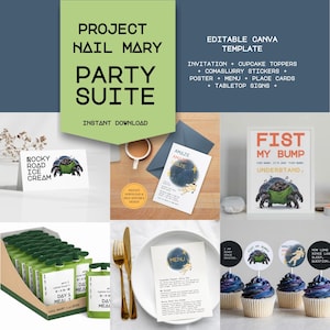 May include: A party suite template with the text "Project Nail Mary Party Suite Instant Download". Includes invitations, cupcake toppers, stickers, posters, menus, place cards, and tabletop signs. Also includes a "Rocky Road Ice Cream" card and a "Fist My Bump" print.