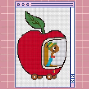 May include: A cross-stitch design of a red apple with a green leaf and a worm driving a vehicle. The worm is wearing a hat and blue overalls. The apple has wheels and a window.