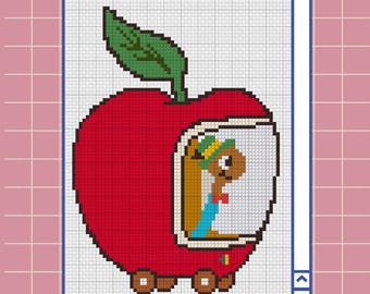 May include: A cross-stitch design of a red apple with a green leaf and a worm driving a vehicle. The worm is wearing a hat and blue overalls. The apple has wheels and a window.