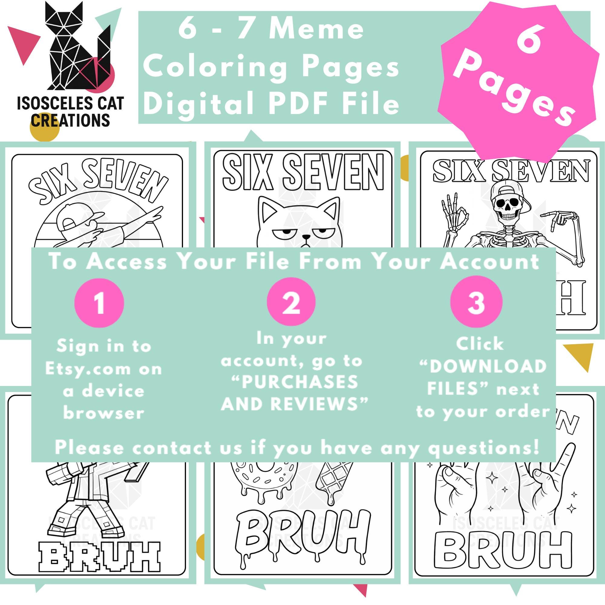 6-7 Meme Coloring Pages Bundle, Six Seven Bruh Printable PDF, Funny